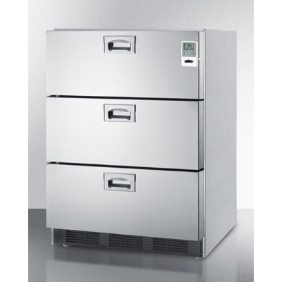 Summit Commercially approved three-drawer refrigerator in stainless steel for built-in use, with temperature alarm, hospital grade cord, and internal fan