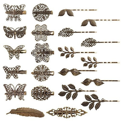 Velscrun 22 Pieces Vintage Hair Clips Barrettes Bronze Leaf Feather Bobby Pin Flower Butterfly Hair Clip for Girls and Women, Mix Styles