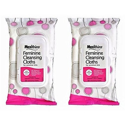 Maxithins Feminine Hygiene Cleansing Cloths for Sensitive Skin with Aloe, 2-pk