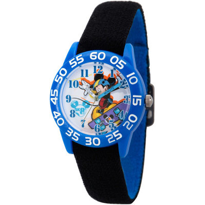 Disney Mickey Mouse Boys' Blue Plastic Time Teacher Watch, Reversible Black and Blue Nylon Strap