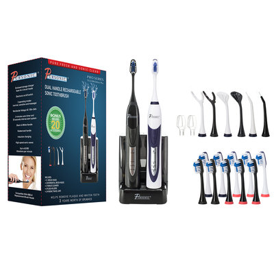 Supersonic Dual Handle Ultra High Powered Sonic Electric Toothbrush with Dock Charger, 12 Brush Heads & More-Black and White