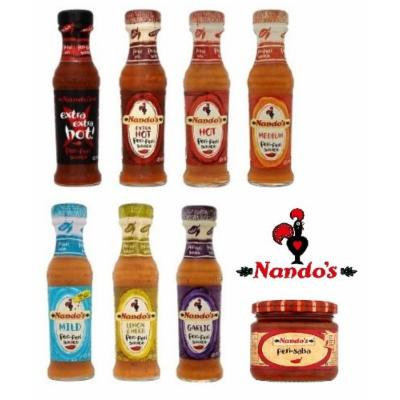 Nando's Nandos Peri Peri 'The Ultimate' 8 Piece Sauce Set (7 Sauces 125Ml + 1 Dip) - Lemon & Herb, Garlic, Mild, Medium, Hot, Extra Hot, Extra Extra Hot Sauce + Peri Salsa Dip 250Ml