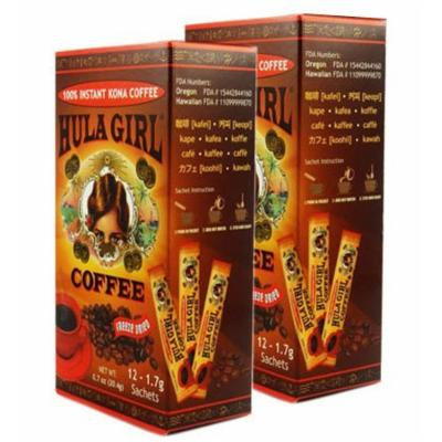 2 - Boxes of Hula Girl 12 Single Serve Sachets 100% Hawaiian Freeze Dried Instant Kona Coffee 1.7 grams each sachet