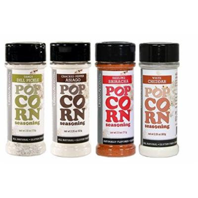 Urban Accents All Natural Gluten Free Premium Popcorn Seasoning 4 Flavor Variety Bundle: (1) Tangy Dill Pickle, (1) Cracked Pepper Asiago, (1) White Cheddar, and (1) Sizzling Sriracha, 2.25-2.6 Oz. Ea