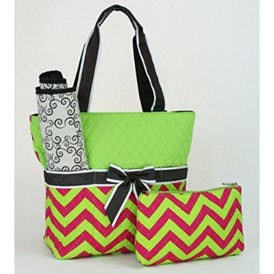Quilted Chevron Print (Fuchsia/Lime) 3-Piece Cotton Diaper Bag Set with Changing Pad and Small Zipper Tote (Monogram Ready)