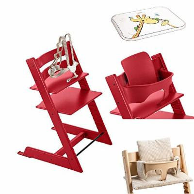 Stokke - Tripp Trapp - Red High Chair, Red Baby Set, Beige Stripe Cushion & Table Top