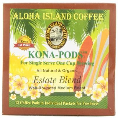 Aloha Island Coffee KONA-POD, Estate Blend Medium Roast, Kona & Hawaiian Coffee Blend, 12-Count Coffee Pods