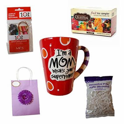I'm a Mom What's Your Superpower? Mother's Day Mug Gift Set - Great Gift for Mother - Includes Mug, Tea Sampler, Picture Keychain, Flower Gift Bag and Filler - Perfect Gift for Your Mother