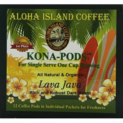 Aloha Island Coffee KONA-POD, Lava Java Dark Roast, Kona & Hawaiian Coffee Blend, 12-Count Coffee Pods