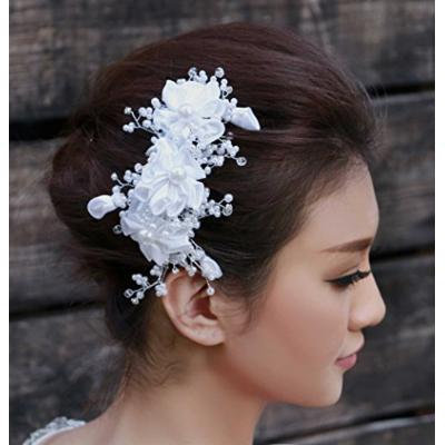 Nero Women's Handmade Elegant Bridal Wedding Hair Accessories with Satin Flowers, Pearls & Rehinestones Decorated