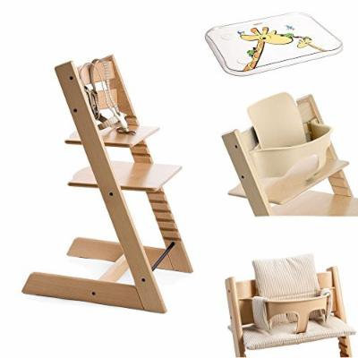 Stokke Tripp Trapp Chair w Baby Set, Stokke Table Top & Beige Stripe Cushion (Natural)