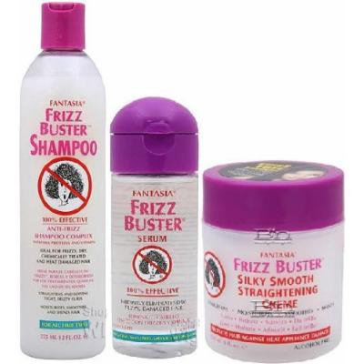 Fantasia Frizz Buster 3pcs SET (Frizz Buster Shampoo 12oz, Frizz Buster Serum 2oz, and Frizz Buster Silky Smooth Straightening creme 6oz) Plus 1 of Apple EYE Pencil Color: Radiant Blue