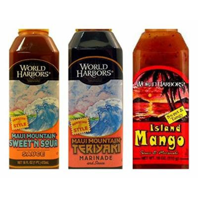 World Harbors Marinade Sauces Variety Bundle, 16 fl oz (Pack of 3) includes (1) Maui Mountain Teriyaki Marinade + (1) Island Style Mango Marinade + (1) Maui Mountain Sweet N Sour Sauce