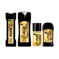 AXE, GOLD TEMPTATION, NEW! VARIETY SET: 1 Body Spray (3 oz), 1 Shower Gel (16 oz), 1 Deodorant (2.7 oz), 1 Shampoo & Conditioner (12 oz), (4 PACK)
