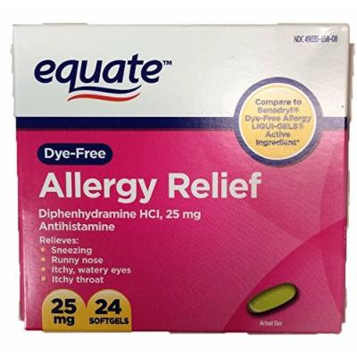 Dye-Free Allergy Relief, Diphenhydramine HCl, 25mg, 24ct, by Equate, Compare to Benadryl Dye-Free LIQUI-GELS