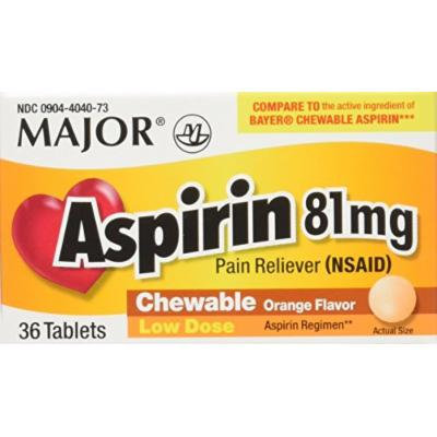 Aspirin 81mg Chewable Orange Flavored Tablets Generic for Bayer Children's Aspirin 36 Tabs per Boxe Pack of 12 Toatal 432 Tabs.