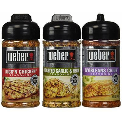 Weber All Natural Seasoning Blend 3 Flavor Variety Bundle: (1) Weber N'Orleans Cajun Seasoning Blend, (1) Weber Roasted Garlic & Herb Seasoning Blend, and (1) Weber Kick'N Chicken Seasoning Blend, 5.0 - 5.5 Oz. Ea.