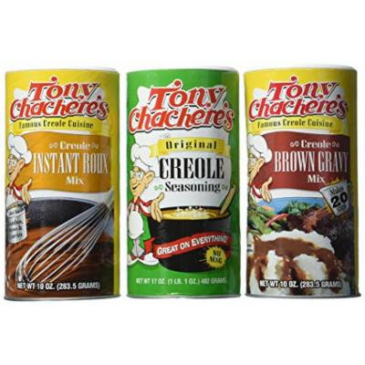 Tony Chachere's Famous Creole Cuisine Seasoning and Mix 3 Flavor Variety Bundle: (1) Tony Chachere's Original Creole Seasoning, 17 oz., (1) Tony Chachere's Creole Instant Roux Mix, 10 Oz., and (1) Tony Chachere's Creole Brown Gravy Mix, 10 Oz.