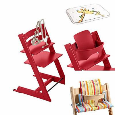Stokke - Tripp Trapp - Red High Chair, Red Baby Set, Art Stripe Cushion & Table Top