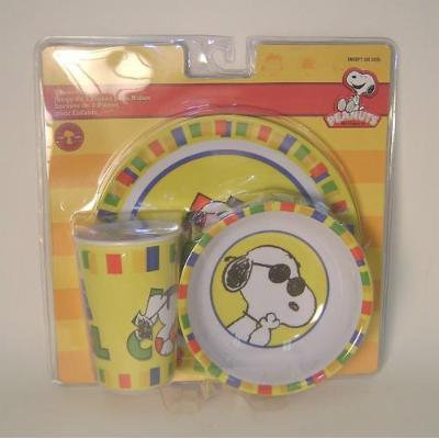 3 Piece Snoopy Joe Cool Plastic Dish Set Includes Cup, Bowl and Plate