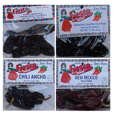 Bolner's Fiesta Extra Fancy Dried Chili Pods 4 Flavor Variety Bundle: (1) New Mexico Chili Pods, (1) Chipotle (Smoke Dried Jalapeno) Chili Pods, (1) Ancho Chili Pods, and (1) California (Mild And Flavorful) Long Red Chili Pods, 1-1.5 Oz. Ea.