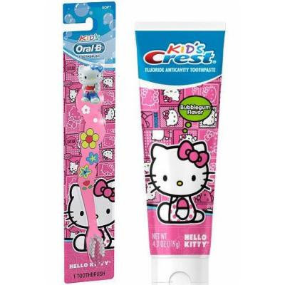 Hello Kitty Ready...Set...Brush! 2 Piece Set Includes: (1) Hello Kitty Soft Manual Toothbrush & (1) Crest Kid's Hello Kitty Bubble Gum Toothpaste 4.2 Oz