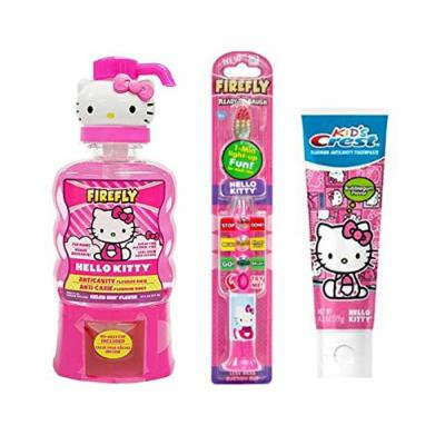 Firefly Hello Kitty Ready Set Go Light Up Toothbrush, Hello Kitty BubbleGum Crest Kids Toothpaste Plus Bonus Firefly Hello Kitty Melon Kiss Flavor Anticavity Fluoride Rinse, 14 fl oz