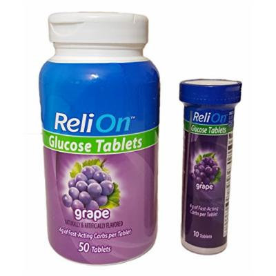 ReliOn Glucose, 50 Tablets with On-The-Go Tube, 10 Tablets. (Grape)