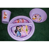 Disney Fairies 3 Piece Purple Set of Plastic Dinnerware/Plate/Glass/Bowl