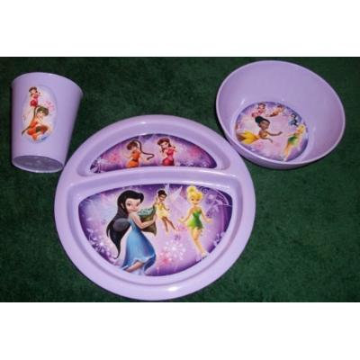 Disney Fairies 3 Piece Purple Set of Plastic Dinnerware/Plate/Glass/Bowl