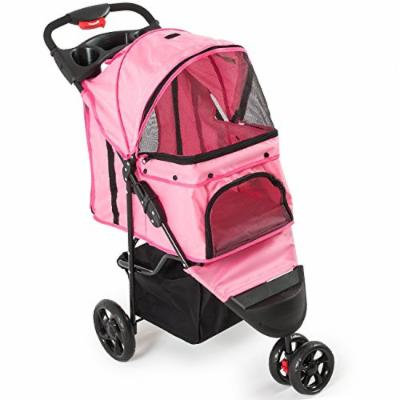New Deluxe Folding 3 Wheel Pet Stroller Dog Cat Carrier w Cup Holder Tray -Pink