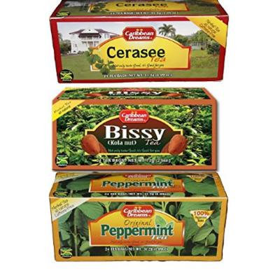 Caribbean Dreams Tea Collection - Carton of Bissy (Kola Nut) Tea, a Carton of Cerasse Tea Plus a Carton of Peppermint Herbal Tea - Bundle of Three 24 Count Packs