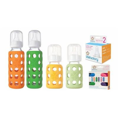 Lifefactory Glass Baby Bottles 4 Pack Starter Kit with Colored Caps (9 oz. & 4 oz.)
