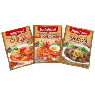 Indofood Instant Indonesian Seasoning Mix (Pack of 3, Variety) Oriental Curry, Hot Fried Rice, Spicy Beef in Black Nut Soup