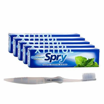 Xlear (5-Pack) Spry Flouride Free Toothpaste, Peppermint , Bundle With 1 SoFresh Flossing Toothbrush
