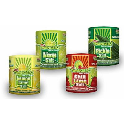 Twangerz Seasoning Salt Blend for Foods and Snacks - Four Flavors Including Lemon Lime, Lime, Pickle and Chili Lime - Convenient 1.15 Ounces Shakers to Sprinkle on Fruit, Veggies, Chips, Popcorn, Meat and Seafood for a Zesty Treat (4 Shakers 1 of Each...