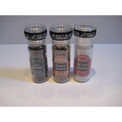 Trader Joe's Gourmet Set with Built in Grinder Combo: Black Peppercorns 1.8 Oz & Everyday Seasoning 2.3 Oz & Sea Salt Crystals 3.3 Oz Bundle