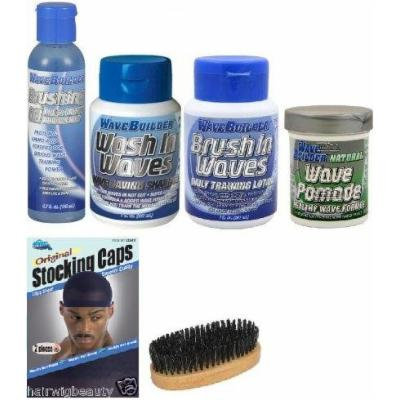 WaveBuilder Men's Wave Starter Set (Brushing Oil, Wave Pomade, Wash In Waves, Brush In Waves) Includes Free Stocking cap and Palm Brush!!! INCLUDES FREE 7.5oz AFRICAN PRIDE MIRACLE MOISTURIZING STYLING GEL.
