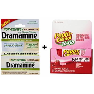 Travel Sickness 2 Pack: Pepto To-Go 24 count + Natural Dramamine Ginger Caps 18 Count