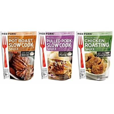 Red Fork Seasoning Sauce 3 Flavor Variety Bundle: (1) Red Fork Smoky Pulled Pork Seasoning Sauce With Fresh Garlic & Red Chili, (1) Red Fork Sunday Pot Roast Slow Cook Sauce With Porcini Mushrooms & Red Wine, and (1) Red Fork Rosemary Chicken Seasoning...