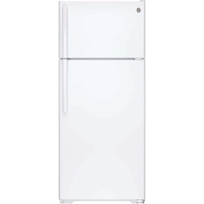 GE GIE18GTHWW 17.5 cu. ft. Top-Freezer Refrigerator with Adjustable SpillProof Glass Shelves, Factory-Installed Icemaker, Humidity Controlled Drawers and Gallon Door Storage: White