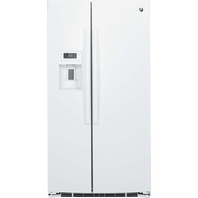 GE Profile PSE25KGHWW 25.4 cu. ft. Side by Side Refrigerator with 4 Glass Shelves, Gallon Door Storage, Ice and Water Dispenser, Interior LED Lighting and Energy Star Qualified: White