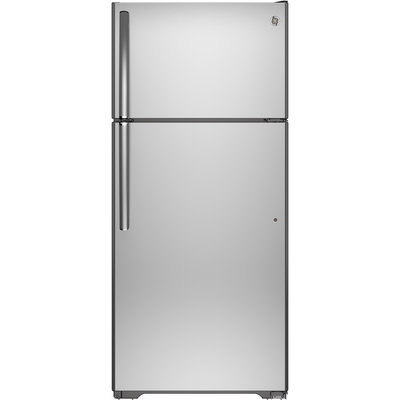 GE GIE18HSHSS 17.6 cu. ft. Top-Freezer Refrigerator with 3 Glass Shelves, Adjustable Gallon Door Storage, Factory-Installed Icemaker, Quick Space Shelf and Energy Star Qualified: Stainless Steel