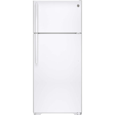 GE GIE18HGHWW 17.6 cu. ft. Top-Freezer Refrigerator with 3 Glass Shelves, Adjustable Gallon Door Storage, Factory-Installed Icemaker, Quick Space Shelf and Energy Star Qualified: White