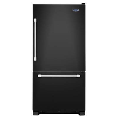 Maytag Refrigerator. 33 in. W 22.1 cu. ft. Bottom Freezer Refrigerator in Black with Stainless Steel Handles MBF2258DEE