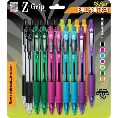 Zebra Pen Z-grip Retractable Ballpoint Pens - Medium Pen Point Type - 1mm Pen Point Size - Black, Blue, Fuschia, Light Green, Dark Green, Violet, Orange - 18 / Pack (zeb-22208)